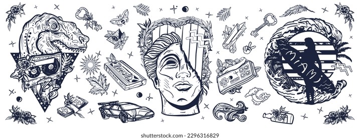 Retro wave music art. Old school tattoo vector collection. Statue head, laser tyrannosaur, surfing woman. Audio cassette, VHS type. Nostalgic cyberpunk style, 80s and 90sblack and white style