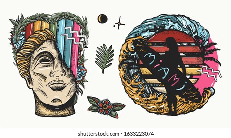 Retro wave music art. Statue head and surfing woman. Nostalgic cyberpunk style, 80s and 90s pop culture. Old school color tattoo collection 