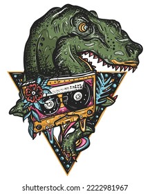 Retro wave music art. Tyrannosaur and audio cassette. Old school tattoo vector art. Hand drawn graphic. Isolated on white. Traditional flash tattooing style