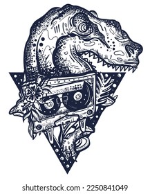 Retro wave music art. Tyrannosaur and audio cassette. Old school tattoo vector art. Hand drawn graphic. Isolated on white. Traditional flash tattooing style