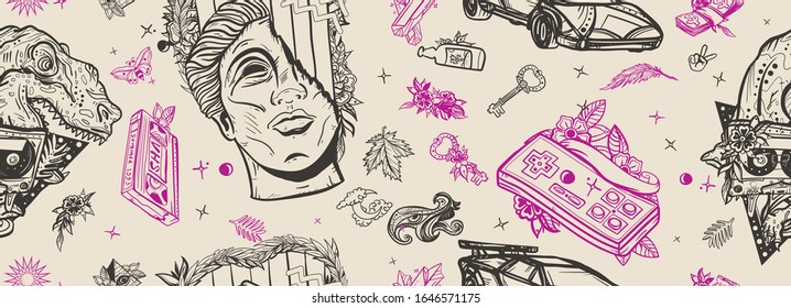 Retro wave music background. Pop culture seamless pattern. Audio cassette, VHS type and tyrannosaur. Nostalgic 80s, cyberpunk style. Old school tattoo style. Statue head and game controller 