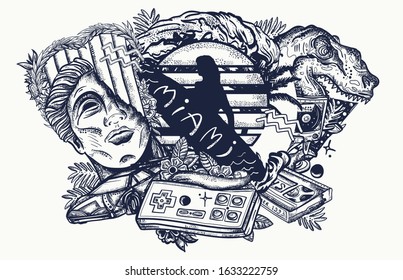 Retro wave music concept. Old school tattoo. Statue head, laser tyrannosaur, surfing woman, audio cassette and VHS type. Game art. Nostalgic cyberpunk style, 80s and 90s pop culture 