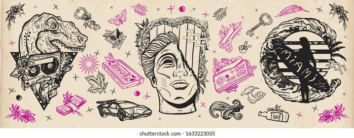 Retro wave music concept. Statue head, laser tyrannosaur, surfing woman, future car. Audio cassette, VHS type. Nostalgic cyberpunk style, 80s and 90s pop culture. Old school tattoo vector collection 