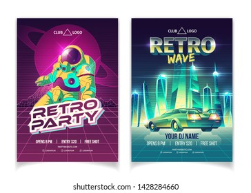 Retro wave music party in nightclub cartoon vector ad poster, promo flyer pages template. Astronaut in futuristic spacesuit, future racing car in illuminated metropolis vivid, neon color illustration