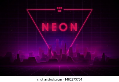 Retro wave night city with laser grid and big neon triangle on background. Futuristic cityscape with glowing neon pink and purple lights and fog on dark background. Eps 10 