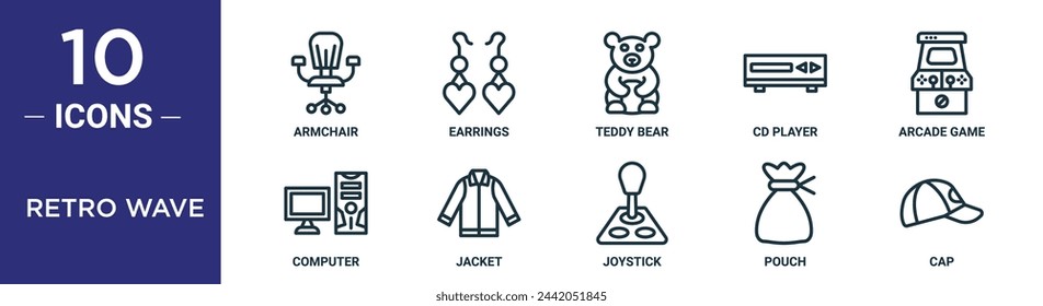 retro wave outline icon set includes thin line armchair, earrings, teddy bear, cd player, arcade game, computer, jacket icons for report, presentation, diagram, web design