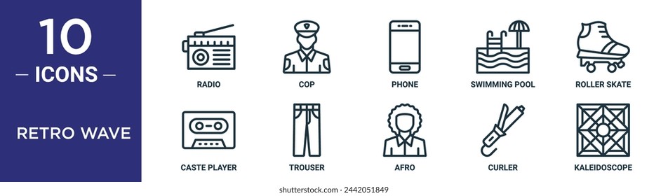 retro wave outline icon set includes thin line radio, cop, phone, swimming pool, roller skate, caste player, trouser icons for report, presentation, diagram, web design