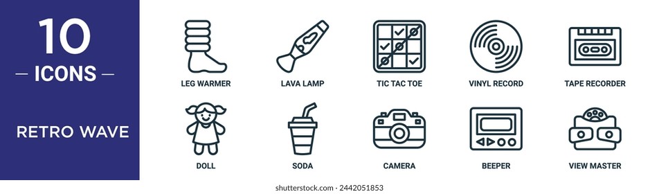 retro wave outline icon set includes thin line leg warmer, lava lamp, tic tac toe, vinyl record, tape recorder, doll, soda icons for report, presentation, diagram, web design