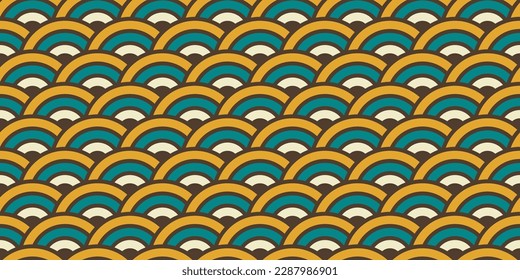 Retro wave pattern. Oriental arc ornament seamless background. Vintage concentric semi circles texture in 70s or 80s style. Colourful fabric and textile design. Vector illustration