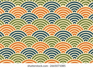 Padrão de onda retro em design contínuo com arcos repetidos em laranja, verde e azul