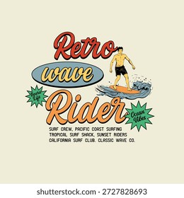 Ilustración vectorial de surfista de eslogan de tipografía de retro wave rider