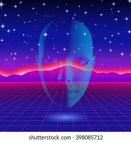 Retro wave shiny head silhouette over neon landscape