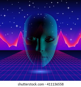 Retro wave shiny head silhouette over neon landscape