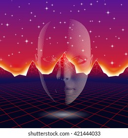 Retro wave shiny head silhouette over neon landscape