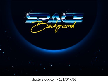 Retro wave space background, 80s style typography with eclipse illustration. Futuristic retro universe concept. Starry universe template.