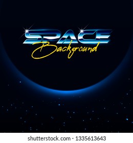 Retro wave space background, 80s style typography with eclipse illustration. Futuristic retro universe concept. Starry universe template.