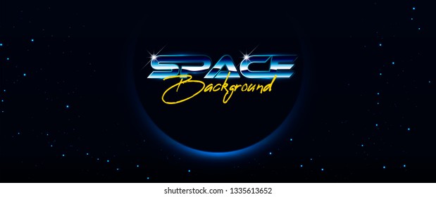 Retro wave space background, 80s style typography with eclipse illustration. Futuristic retro universe concept. Starry universe template.