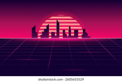 Retro wave style background. The outlines of the city in the future in a neon sun. A cyberpunk background.