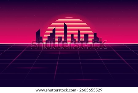 Retro wave style background. The outlines of the city in the future in a neon sun. A cyberpunk background.