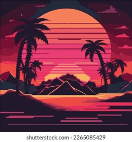 Retro wave sunset background, palm trees, mountains and lakes