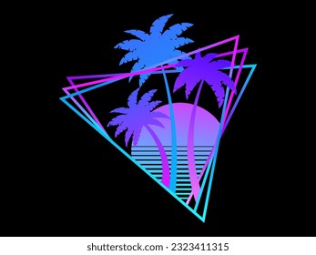 Retro waves banner with sun and palm trees in triangular frame. Futuristic retro sunset with palm trees in 80s style, gradient color. Synthwave style. Design for banner and poster. Vector illustration