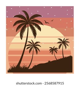  Retro Waves: Palm Trees and Sunset Glow. 80s inspired tropical palm tree graphic design.