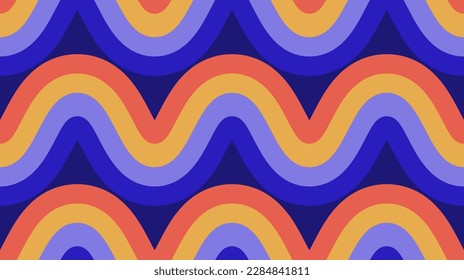 Retro waves seamless pattern. Rainbow wavy stripes repeating background. Colorful curved and wrapped lines wallpaper in 60s, 70s, 80s style. Swatch design for textile and fabric. Vector illustration.