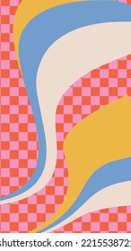 Retro wavy abstract vertical backgrounds in style hippie 60s, 70s. Trendy groovy distorted waves on checkered backdrop. Vector geometric illustration