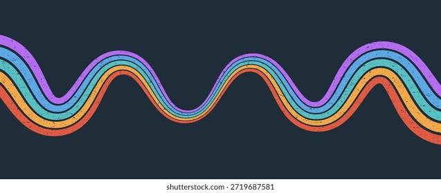Fondo ondulado retro con líneas brillantes del arco iris de la raya en estilo vintage groovy. Perfecto para carteles, portadas y diseños inspirados en los años 70.