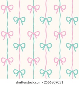 Retro Wavy Bows Minimal Seamless Pattern Mint and Pink Vertical Squiggle Hand Drawn isolated on background