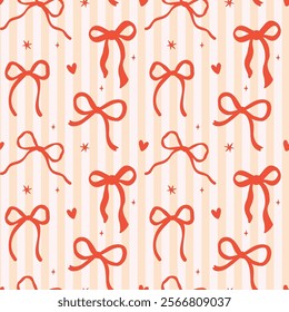 Retro Wavy Bows Seamless Pattern Whimsical Squiggle Hand Drawn on striped background isolated