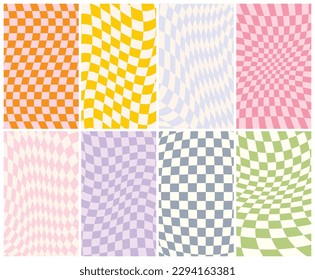 Retro wavy checked hippie backgrounds collection. Abstract wallpapers in 60s 70s colors. Vector clip art in groovy and preppy style. 