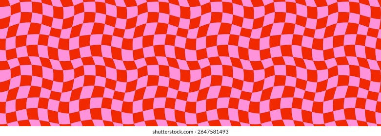 Retro wavy checker seamless pattern background in red and pink with distorted grid. Abstract checkerboard vector for groovy wallpaper, packaging, wrapping paper, funky print. Drag to swatches panel