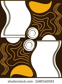 Retro ondulado e xadrez cartaz arte em laranja com verde-oliva e castanho. Rústico design terroso retro com humor tribal, ótimo para impressões têxteis e interiores de resort.