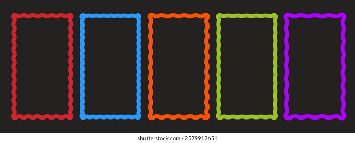 Retro wavy frames set. Trendy curved rectangle frame box. Modern vector template.