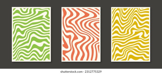 Conjunto de fondo de líneas onduladas retro. Colección de papel pintado psicodélico de color verde, naranja y amarillo. Sólidos trippy con fondo distorsionado para pancarta, cubierta, afiche, volante. Texturas hippie líquidas. Vector 