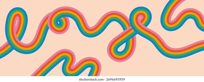 Retro wavy lines pattern with colorful rainbow stripes. Vintage 60s style groovy background. Abstract vector illustration