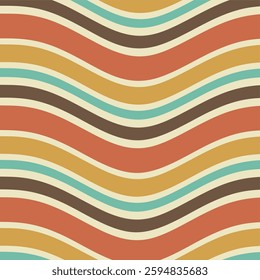 a retro, wavy pattern with alternating curved stripes in warm, earthy tones like orange, mustard yellow, brown, cream, and teal. The design is reminiscent of 1970s aesthetics, giving off a vintag.