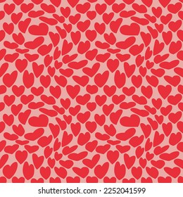 Retro Wavy Pattern with Red Hearts on Pink Background. Groovy Hippie Psychedelic Seamless Pattern for Valentine's Day. Abstract Vector Trippy Art Print. Funky Texture in Trendy 60s 70s Cartoon Style