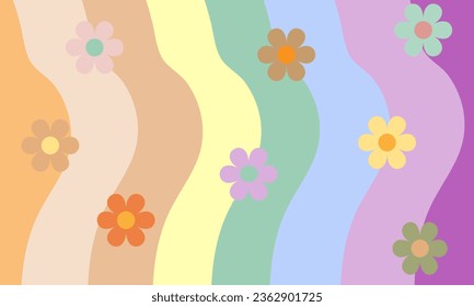 Retro wavy seamless pattern of green,yellow, blue, pink, purple and orange with flowers wallpaper. Vector Ilustration. Used as wallpaper, Background, banner, website, wrapping pager, fabric 