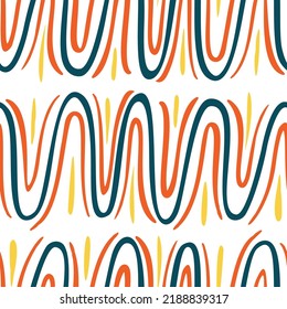 Retro wavy seamless pattern. Groovy background. Vector illustration. Hand drawn stripes. As template of wrapping paper, wallpaper, fabric textile. 