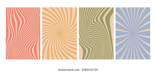 Retro wavy and spiral optical patterns - abstract backgrounds set.
A collection of four vintage style abstract backgrounds featuring wavy and spiral optical patterns