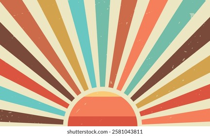 Retro wavy sun rays sunburst sunshine radial swirl vintage grunge background. Radial spiral stripes 70s abstract vector texture pattern. Beam lines circus carnival summer groovy swirl burst wallpaper.