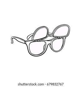 Retro wayfarer sunglasses with removable lenses, fashion accessory from 90s, sketch vector illustration isolated on white background. Retro sunglasses with removable lenses, personal item from 90s