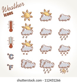 Retro weather icons hand drawn on grunge vintage background