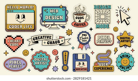 Retro Web Designer Sticker Sheet Featuring Vintage Typography, Y2K Icons, Browser Windows, Floppy Disks, and Coding Badges in a Colorful Pastel Palette Isolated on Light Cream.