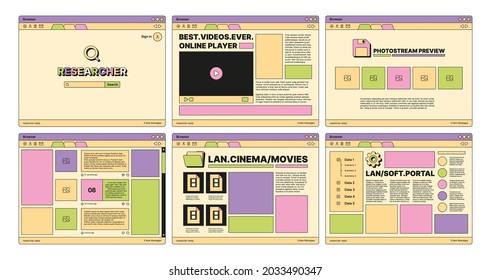 Retro web pages. 80s old style ui template web design elements buttons dividers banners place for text icons garish vector collection