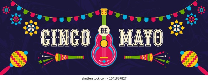 Retro website header or banner design decorated with colorful bunting and party elements for Cinco De Mayo celebration.
