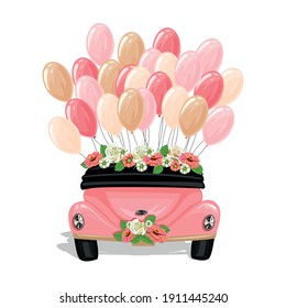 Retro wedding car decorated with flowers and balloons, back view. Wedding vector template illustration in cartoon style.