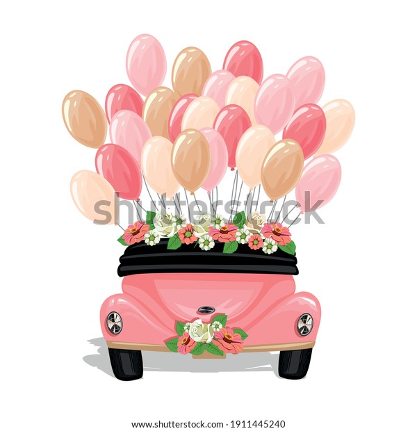 Retro\
wedding car decorated with flowers and balloons, back view. Wedding\
vector template illustration in cartoon\
style.